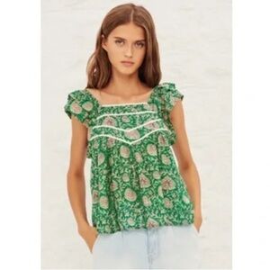 ba&sh Peio Printed Green Ruffled Top